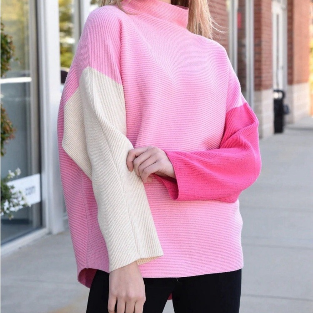 SOLD - THML Mock Turtleneck Ribbed Pink & White Color Block Pullover Sweater - Picture 2 of 6